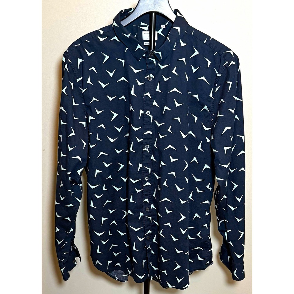 7 Diamonds Men's Woven Geometric Long Sleeve Button-Up Shirt Navy White XL EUC